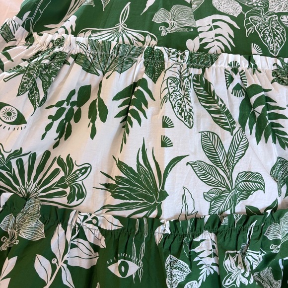 Farm Rio Forest Soul Mix Green White Tropical Leaf Print Tiered Mid Dress Large - Picture 11 of 11